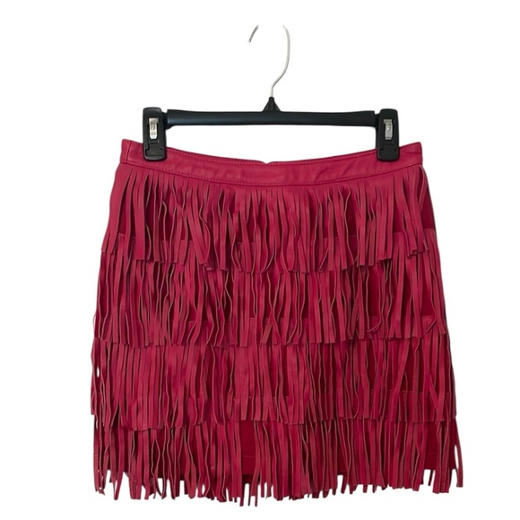 CUSP Neumann Marcus Pink Leather Fringed Mini Skirt XS Lined Zipper Sexy EUC - Picture 1 of 9